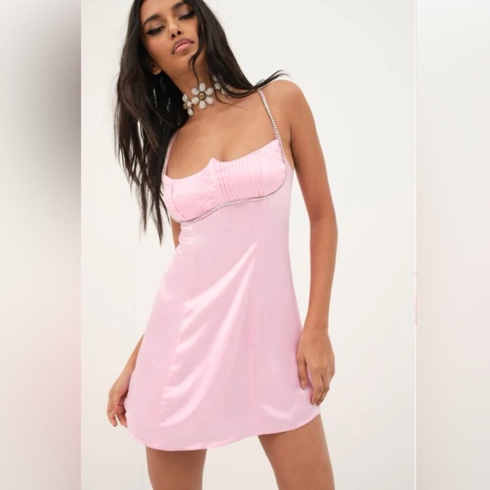 NWT For Love & Lemons Pink Satin Rhinestone Trim Elora Mini Dress Lg MSRP $239 - Picture 2 of 12